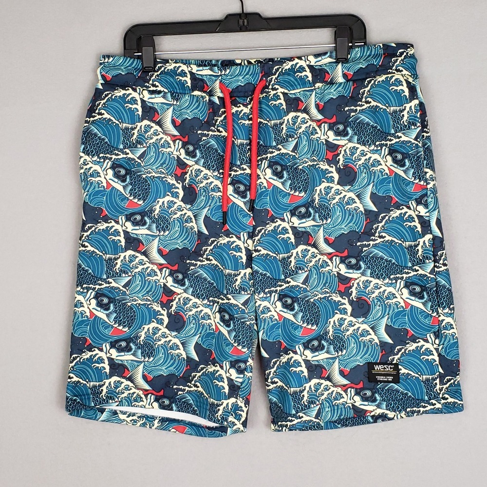 WESC Men's XL Austin Shorts Blue Koi Fish Wave All Over Print Beach Casual Bold